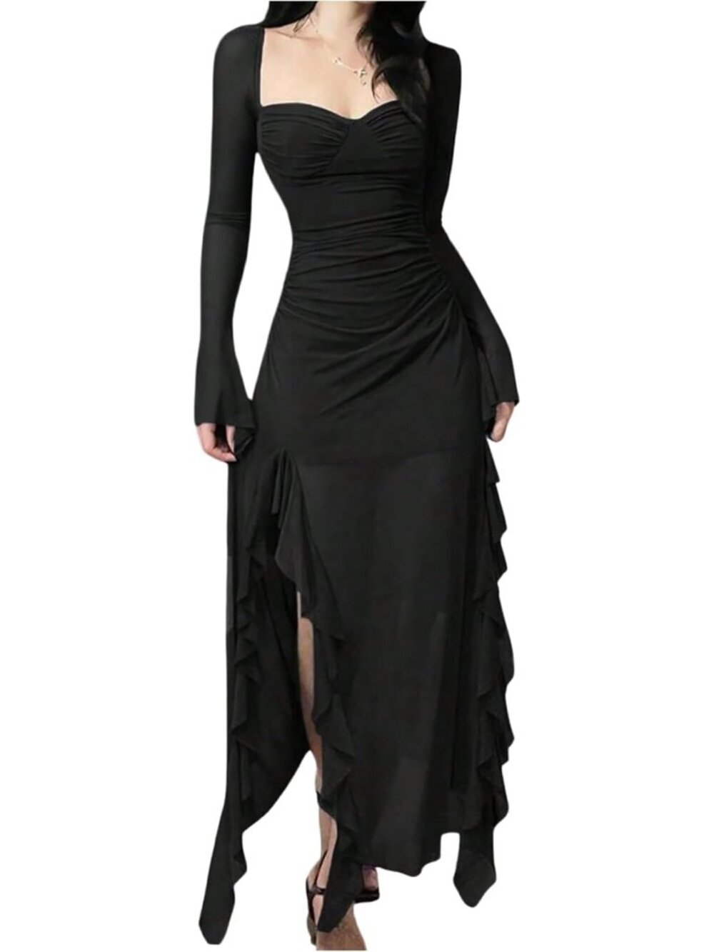 Women's Black Long Sleeve Square Neck Ruched Imported Pull On Maxi Dress